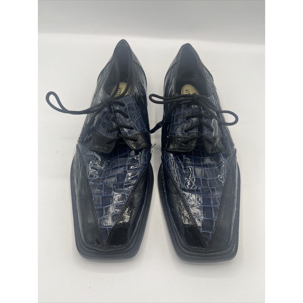 Vintage Hugo Vitelli Blue Black Crocodile Print Square Toe Loafers Sz 10.5